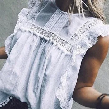 

Ruffles Hollow Out Lace Women's Blouses Sleeveless White O-Neck Female Blouse 2020 New Summer Fashion Sweet Korean Ladies Top