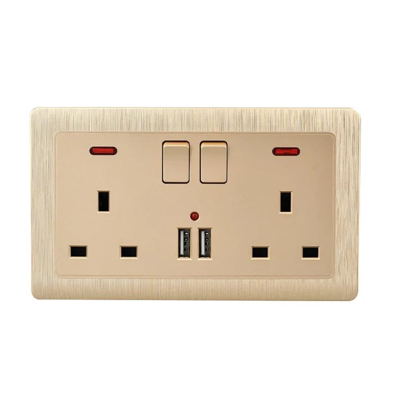

Wall Power Socket Double UK Standard Outlet Switched 2.1A Dual USB Charger Port LED indicator 146mm*86mm Gold Color
