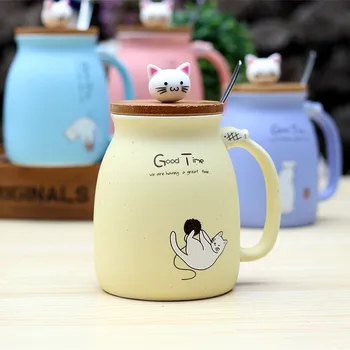 

450ml Cartoon Ceramics Cat Mug With Lid and Spoon Coffee Milk Tea Mugs Breakfast Cup Drinkware Novelty Gifts pink
