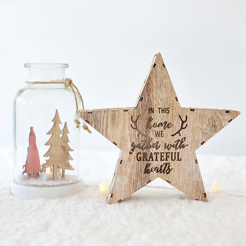 Wooden Hollow Star Christmas Light Box Desktop Ornament Christmas Pendant Lamp Luminous Xmas Tree Hanging Pendant Decor
