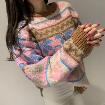 

HAMALIEL Elegant Women Oversize Loose Mohair Sweater New Autumn Winter Printed Knitted Thicked Warm Pink Lazy Pullover Jumper