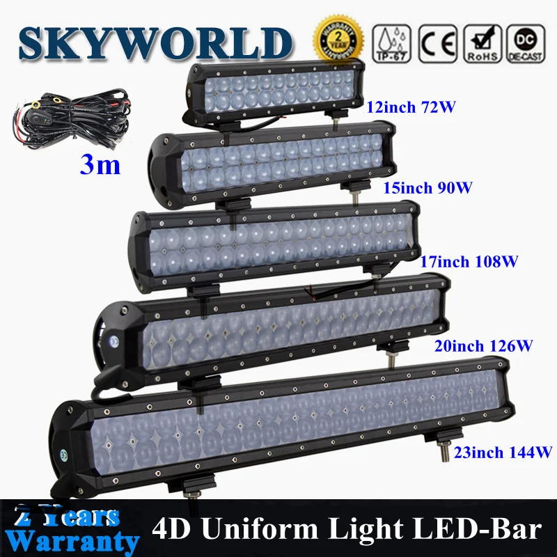 

12" 15" 17" 20" 23"inch Dual Row 4D LED Work Light Bar Combo Offroad 72/90/108/126/144W Driving Fog Lamp For Car Truck ATV 4X4