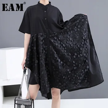 

[EAM] Women Black Patch Split Irregular Big Size Shirt Dress New Lapel Half Sleeve Loose Fit Fashion Spring Summer 2020 1U157
