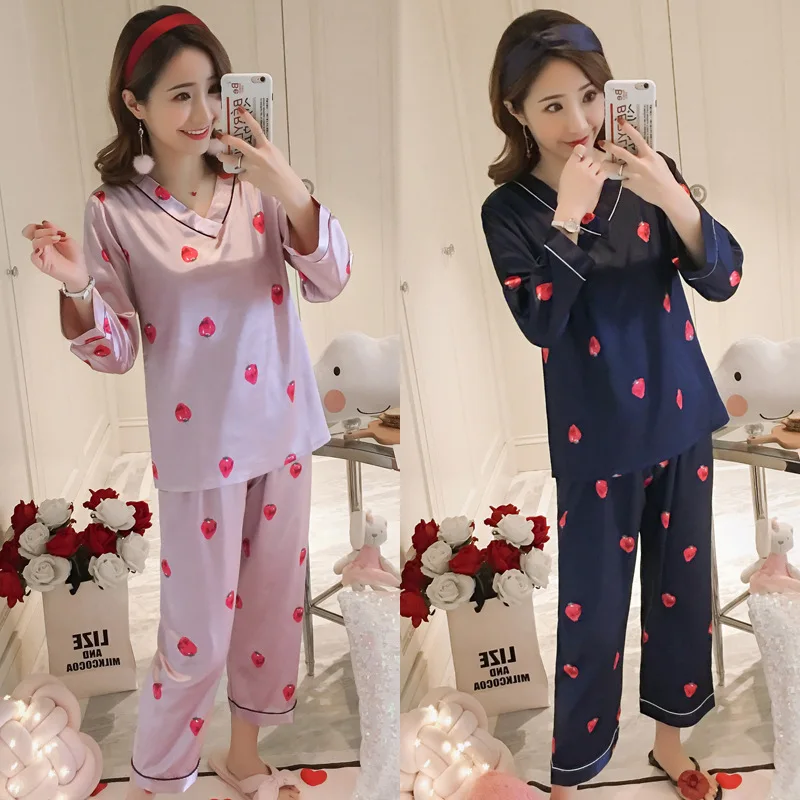 

033 # Pajamas Women's Spring And Autumn Thin Long-sleeve Suit Korean-style Sweet Silk-Outer Wear Tracksuit Two-Piece Set