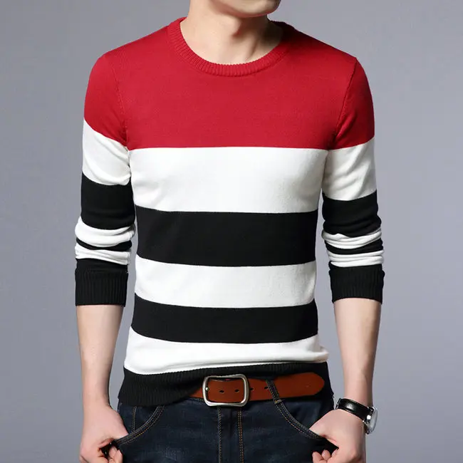 Misniki Autumn Casual Men's Sweater O Neck Striped Slim Fit Knittwear Mens Sweaters Pullovers Men Pull Homme S-3XL JP52 - Color: Red