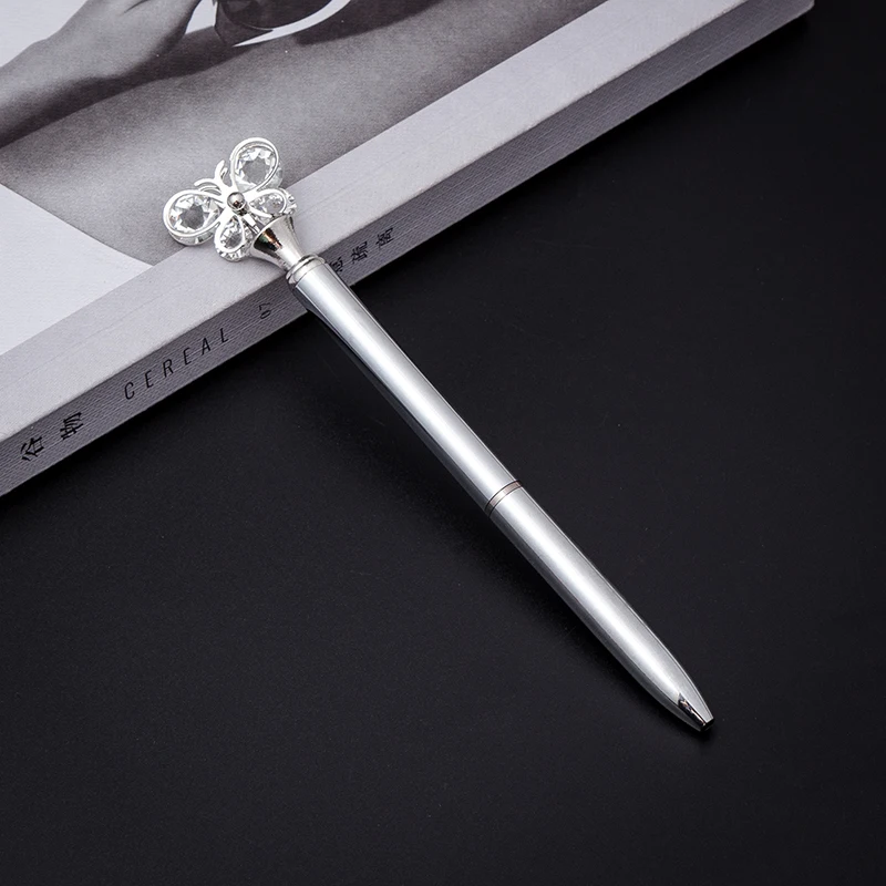 50 Pcs Crystal Butterfly Ball Point Pen Bullet Tip Metal Ball Pen Student Office Stationery Writing Pen Black Refill Wholesale