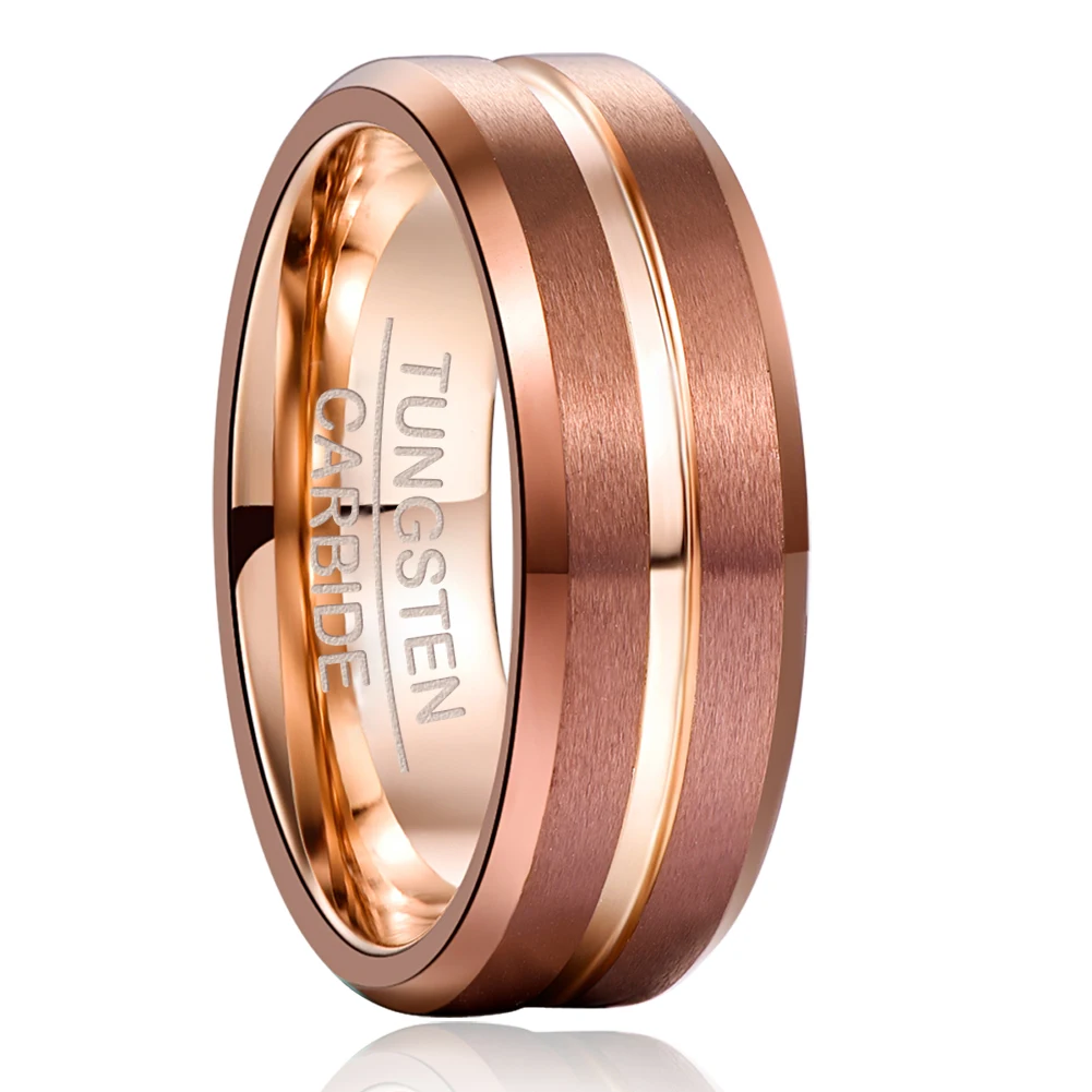 

NUNCAD 8mm Width Tungsten Carbide Ring Brown Plating Rose Gold Middle Groove Tungsten Steel Men's Ring