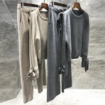 

high quality wool knitted 2 piece set cashmere loose sweater pullover elastic wiast pants suit women tracksuit P577