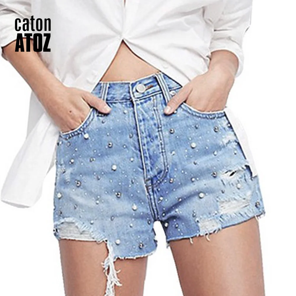CatonATOZ 2161 женские шорты с высокой талией женские хлопковые шорты с жемчужинами джинсовые брюки, рваные шорты для женщин - Цвет: Light blue