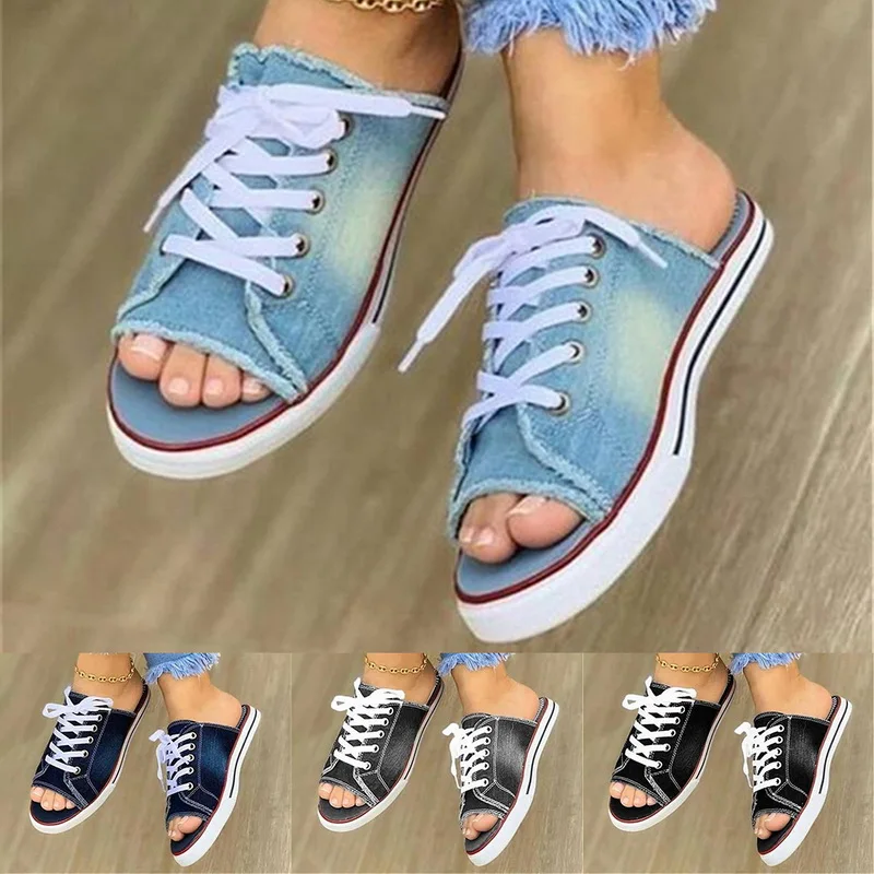 Hollow Out Breathable Slippers Women Slippers Summer Sandals Flat Women Canvas Casual Shoes Lace Up Flip Flops Mules Black Blue