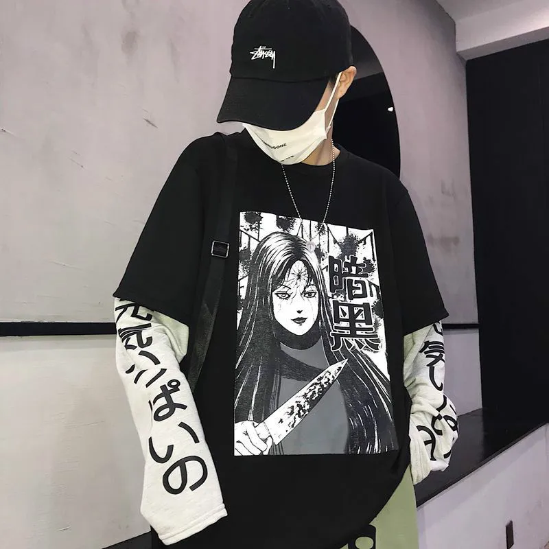 

Harajuku Japanese Women Sweatshirt 2019 Fake 2 Pieces O-Neck Long Sleeve Anime Print Loose Female Sweatshirt Streetwear