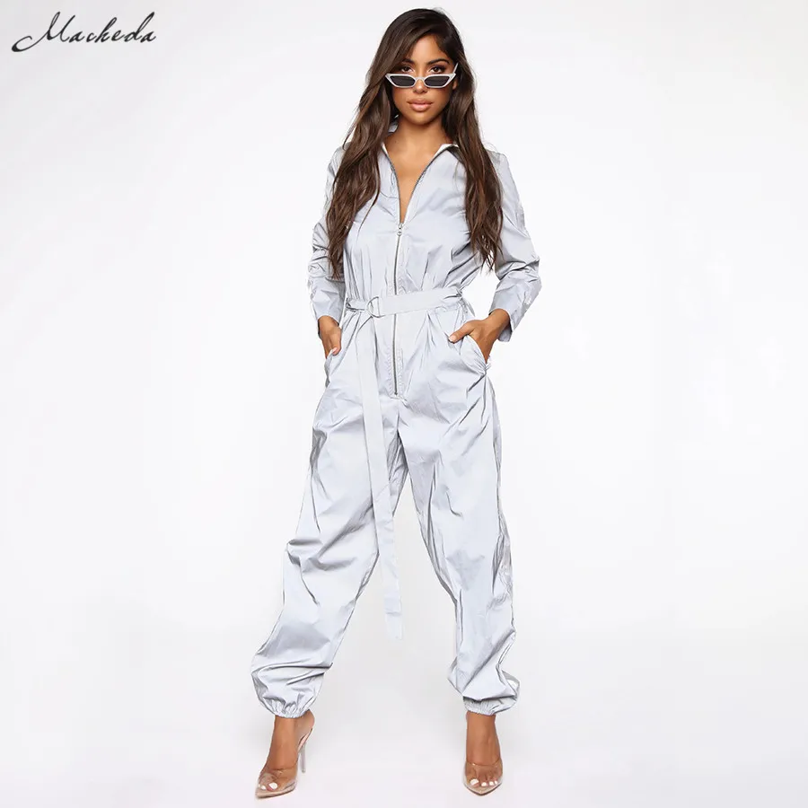 

Macheda Women Fashion Autumn Reflective Zipper Jumpsuit Belt Pocket Rompers Lady Streetwear Casual Long Sleeve Clothing 2019 New