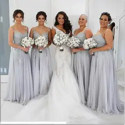 Серебристые 2019 дешевые платья подружки невесты до 50 A-Line тонкие лямки Тюль Кружева Длинные свадебные платья для женщин
