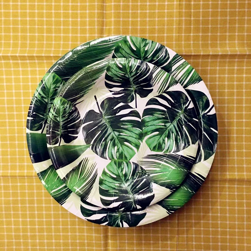 6pcs 9inch plates Зеленый Гавайский лист одноразовые столовые приборы набор День рождения Лето тропические Свадебные украшения вечерние принадлежности - Цвет: 6pcs 9inch plates