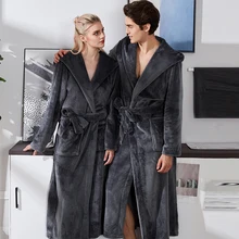 Очень длинный плюс размер на зиму, теплые, фланелевые банные халаты женские мужские серые теплые балахон с капюшоном Мужские халаты платье Ночная одежда XXL дропшиппинг