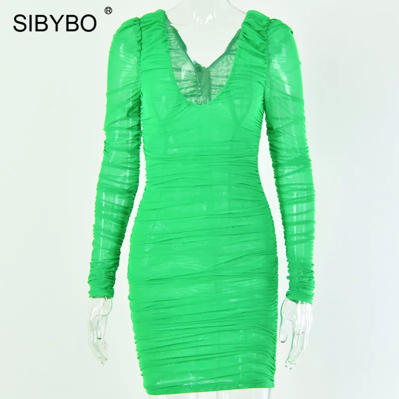 Зеленый SIBYBO, весеннее Плиссированное сексуальное облегающее платье с двойной сеткой, модное летнее Мини-платье с длинным рукавом и v-образным вырезом, однотонные Клубные вечерние женские платья - Цвет: Зеленый