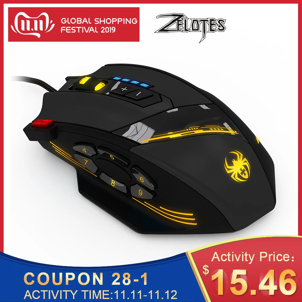 Billig ZELOTES C 12 Verdrahtete Maus USB Optische Gaming Maus 12 Programmierbare Tasten Computer Spiel Mäuse 4 Einstellbare DPI 7 Led leuchten