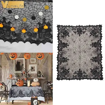 

Halloween Lace Rectangular Tablecloth Black Spider Web 190*150cm Bat Lace Tablecover for Gothic Halloween Party Home Decorations