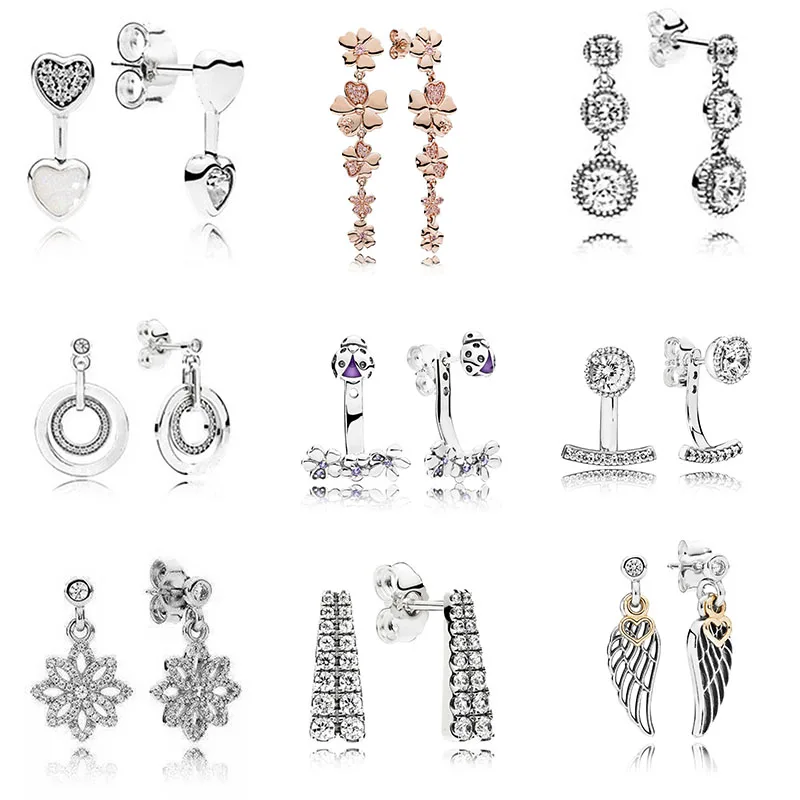 

Pure 100% 925 Sterling Silver Earrings Pans Crystal Ladybug Sparkling For Women Fine Europe Jewelry Lover Gift Stud Earring