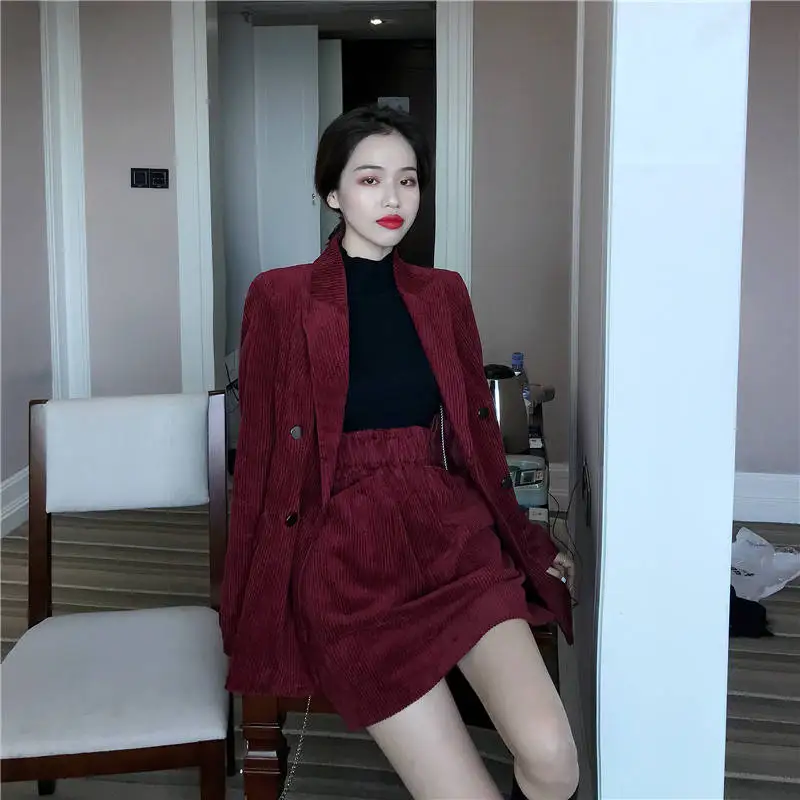 JuneLove Autumn Solid Women Elegant Corduroy Blazer OL Notch Collar Jacket Female Wine Red Double Breasted Coats Outwears Bottom