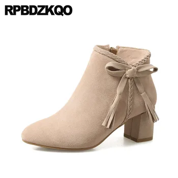 

short pointed toe shoes women ankle boots medium heel autumn designer fall booties thick bow genuine leather suede high chunky