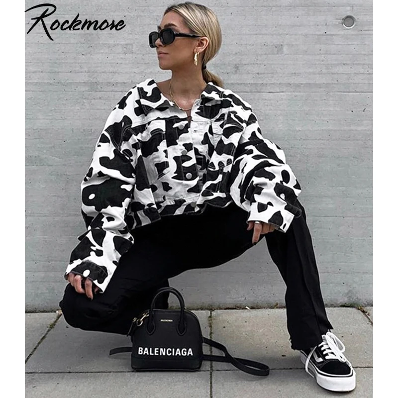 Rockmore/женская верхняя одежда в полоску с принтом коровы; пальто на пуговицах; сезон осень; большие размеры; укороченные женские куртки с длинными рукавами и отложным воротником