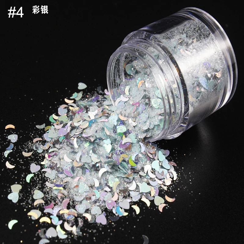 

10ml Holographic Nail Glitter Powder With Love-Heart Moon Star Sequins Nail Art Decor DIY Laser Iridescent Mixed Nail Powder M-1