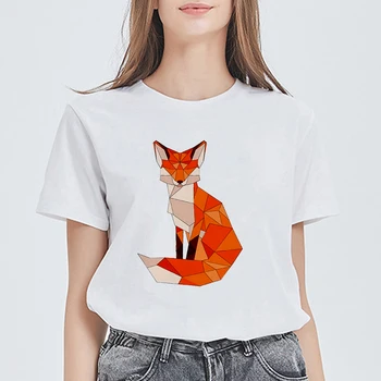 Camisetas con impresión de zorro geométrica para Mujer, Ropa divertida y barata Harajuku, versátil para gimnasio, novedad para verano