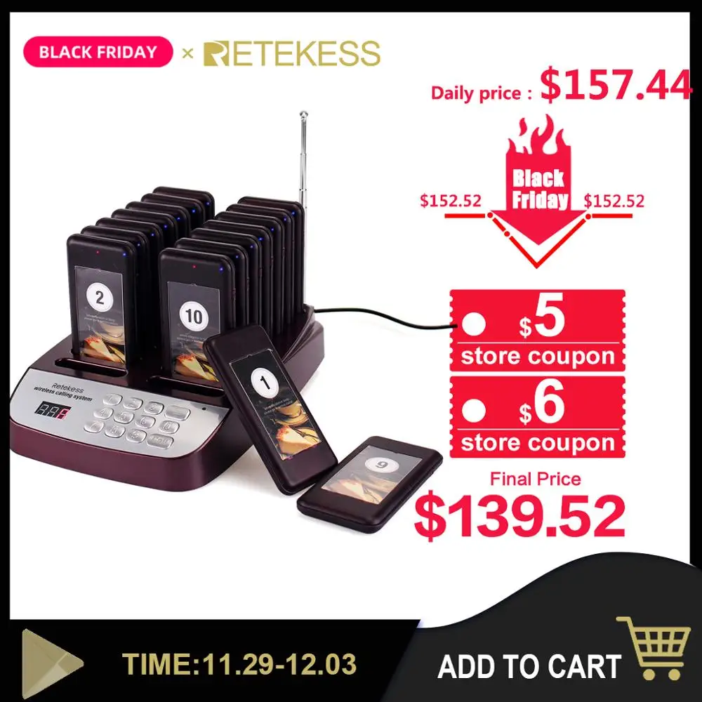 

Retekess T113S Restaurant Pager Wireless Paging Queuing System 16 Call Coaster Pagers Buzzer 999 Channel Restaurant Equipments