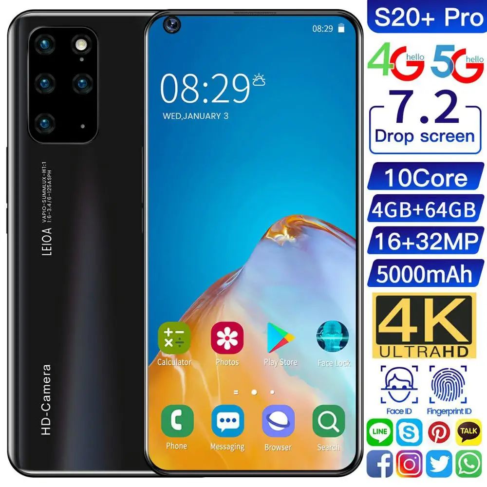 S20+ Pro Smartphone 7.2-Inch Water Drop Large Screen 4+64GB Dual Card Dual Waiting To Unlock Face Recognition Fingerprint