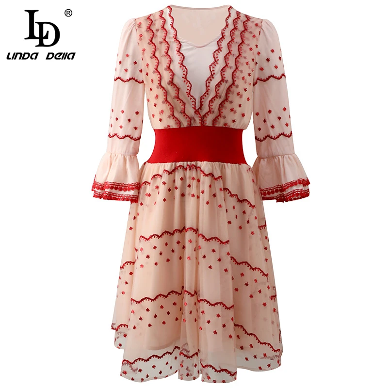 

LD LINDA DELLA Fashion Runway Autumn Mesh Midi Dress Women's Sexy Deep V-Neck Embroidery Elastic Waist Casual Vacation Dresses