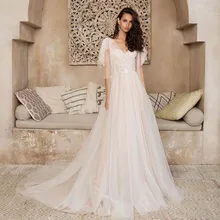 Мягкие тюлевые Свадебные платья трапециевидной формы с v-образным вырезом и кружевной аппликацией со шлейфом на шнуровке на спине vestido de noiva