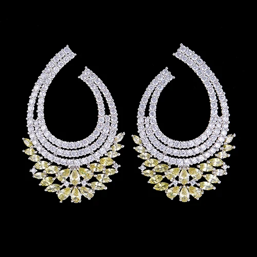 Yellow LARRAURI Luxury Zircon Crystal CZ Crystal Stud Earrings For Women Wedding DUBAI Bridal Earrings boucle d'oreille femme - Окраска металла: Yellow