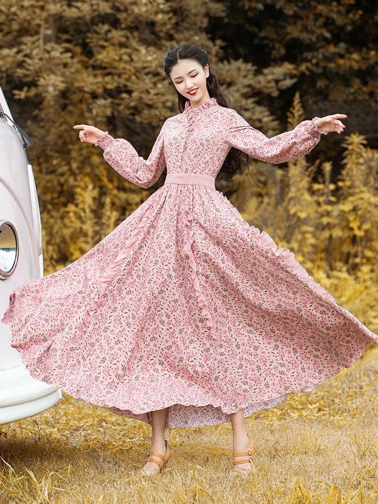 Boshow модное женское длинное Макси-фонарь с цветочным принтом на весну и осень богемное платье S-L с высокой талией