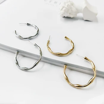 

Peri'sBox C Shape Geometric Bamboo Earrings Textured Medium Hoop Earrings for Women Minimalist Brass Gold Earrings 2019 Fashion
