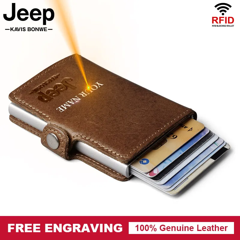Comprar Grabado gratis Rfid cuero hombres aluminio cartera Casual tarjeta de crédito titular bloqueo Mini Magic Wallet automático tarjeta monedero