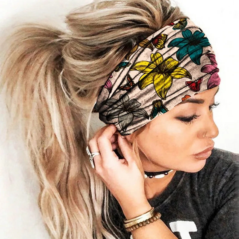 Women Wide Sports Yoga Headband Stretch Hairband Elastic Print Hair Band Boho Turban Hair Accessories Sweatband 2020 New