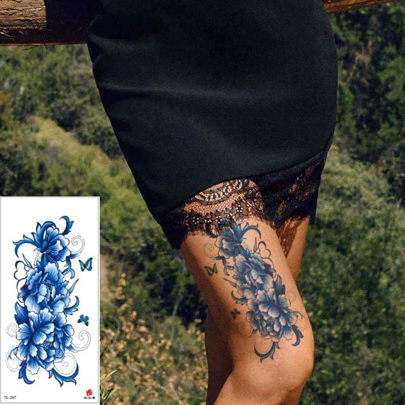 

Blue Peony Flower Butterfly for Woman Arm Leg Waist Body Art Tattoo Sticker Beauty Sexy Sister Party Water Transfer Tattoo Paper