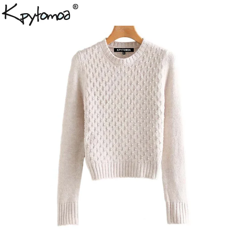 

Vintage Stylish Pearl Beading Short Style Knitted Sweater Women 2020 Fashion O Neck Long Sleeve Stretchy Pullovers Chic Tops