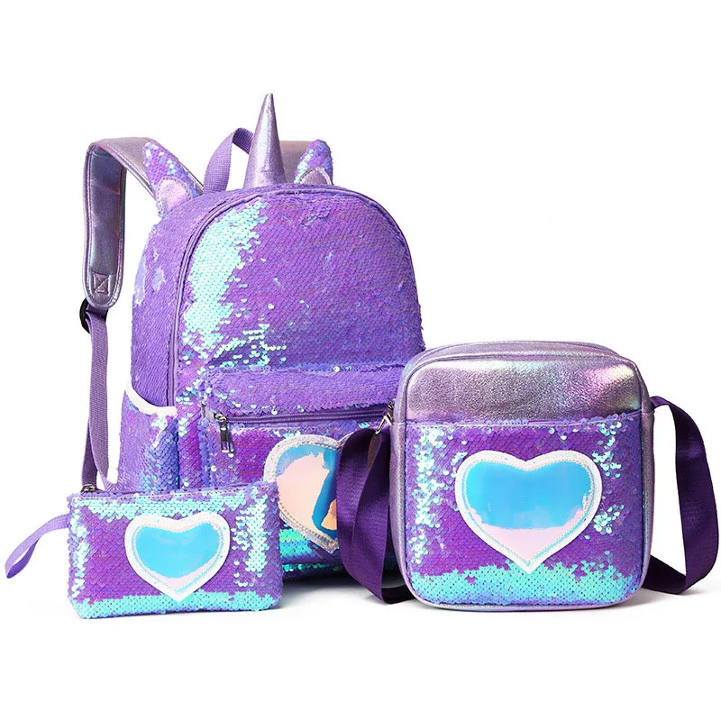 3pcs/set  Sequins Unicorn Backpack Fashion Girl Glitter School Book Bag Girls Cute Hologram Laser PU Leather Travel Backpacks 3pcs set cute hair pins for girl 3 12 years old star clips heart shape hairpins alloy pentagram triangle water droplet rectangle