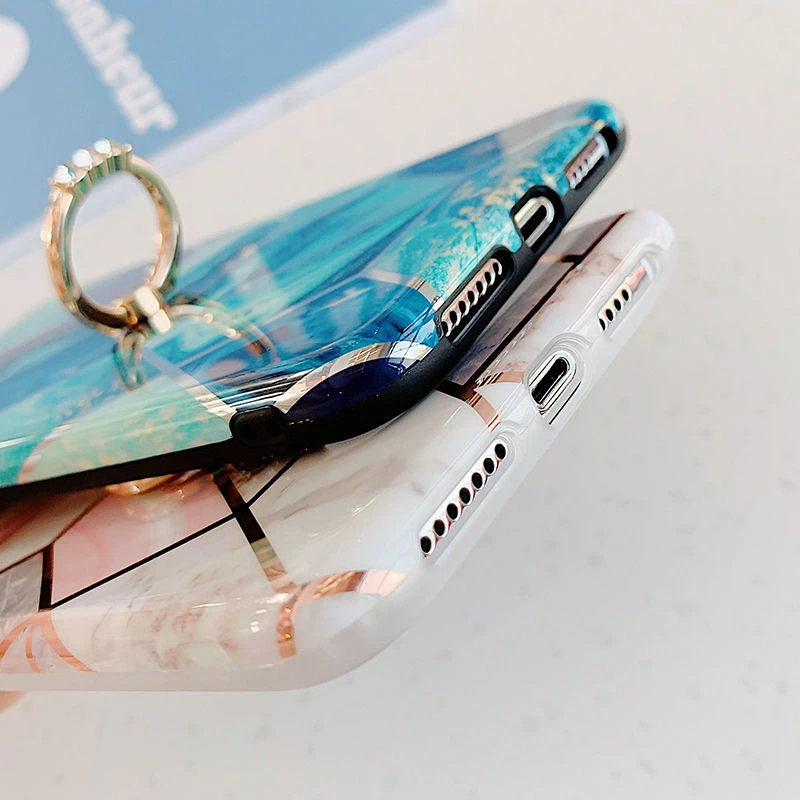 Художественный геометрический мраморный корпус телефона с гальваническим покрытием для iphone XR XS X XS Max 6 6S 7 8 Plus глянцевый IMD перстень, украшенный бриллиантами чехол