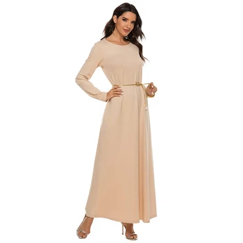 

Siskakia Solid Long Sleeve Maxi Dress White Black Muslim Plain All Match Dresses for Open Abaya Spring Autumn 2020 with Sash