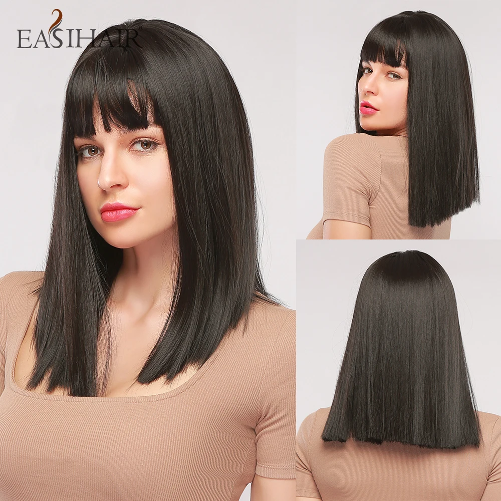 

EASIHAIR Black Synthetic Hair Wigs Straight Medium Length Bob Wigs with Bangs for Women Natural Hair Cosplay Wigs Heat Resistant