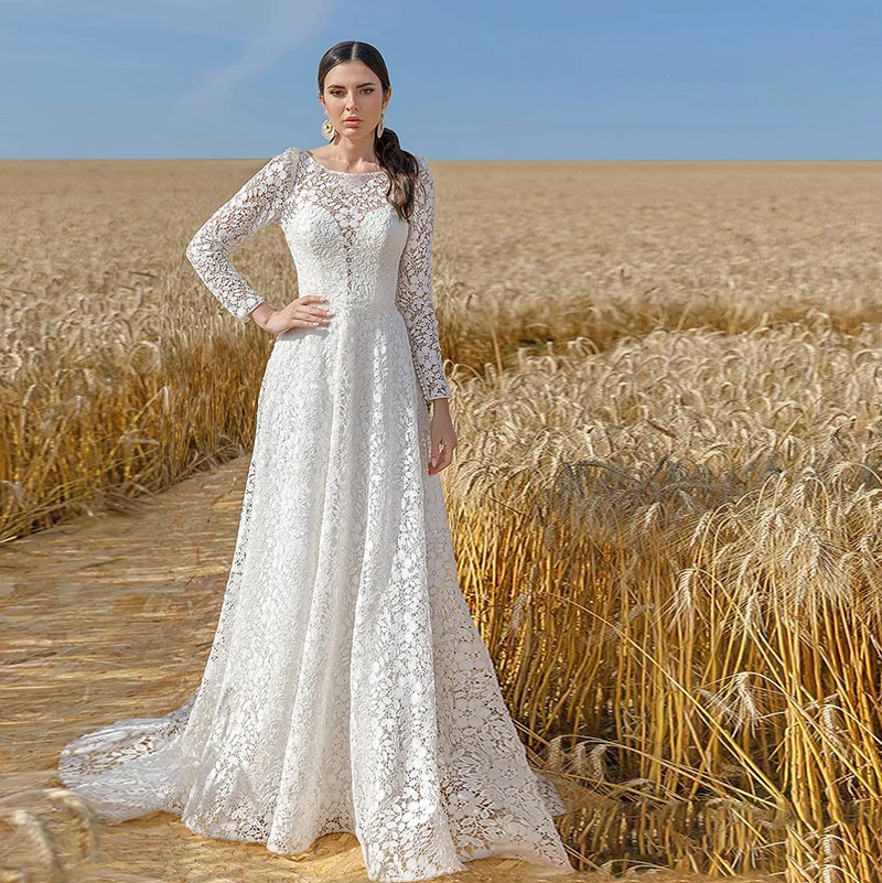 Glamorous Sweep Train Bohemian Lace A-Line Wedding Dress 2022 Vintage Scoop Long Sleeve Princess Bride Gowns | Свадьбы и торжества