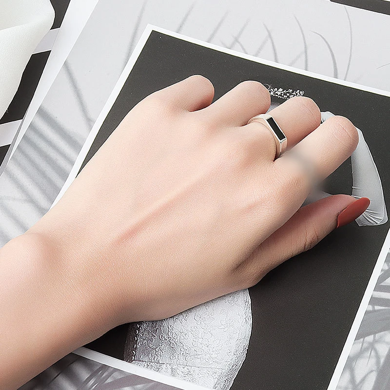 Silver Color Geometric Black Adjustable Ring Minimalist Fine Jewelry For Women Party Gift Trend silver ring adjustable rings finger ring