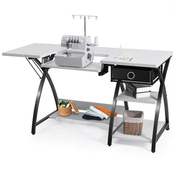 

High Quality Sewing Craft Table Folding Computer Desk Sturdy Steel Construction A Drawer and 3 Shelves Office Table HW56707