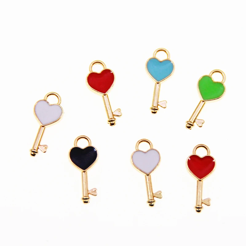 

50pcs 21*13mm Enamel Key Hearts Charms for diy Original Jewelry Making Accessories Alloy Key Charms Necklaces Earrings Pendants