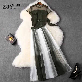 

Fashion Summer 2 Piece Set Women Skirt and Top 2020 New Designers Mesh Patchwork Top Mid Calf Skirt Suit Sexy Outfits
