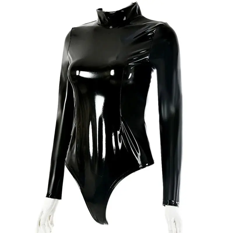 Woman Faux Latex PVC Mirror Leotard Gothic Turtleneck Long Sleeve Bodysuit Shiny Top Body Stocking Clubwear One-Pieces Shapewear |