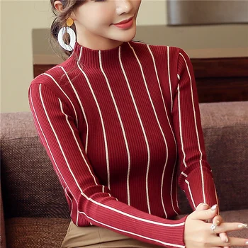 

2019 autumn winter striped high neck sweater womens knitted pullovers fashion elastic Striped sweaters Womens Casual Jumper